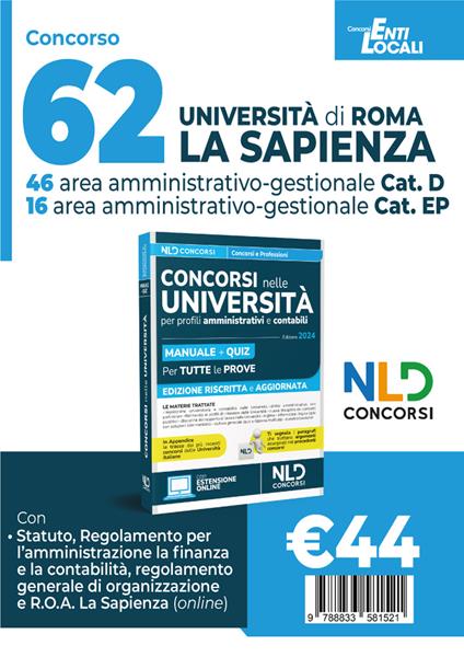 62 posti Università «La Sapienza» di Roma. Concorso area amministrativo-gestionale. Profili D e EP. Manuale + Quiz 2024 - copertina