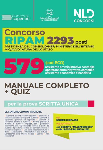 Concorso RIPAM. 2293 posti MEF, Presidenza del consiglio, Ministero dell'interno: manuale completo + quiz concorso 579 posti assistente amministrativo contabile, assistente economico finanziario - copertina