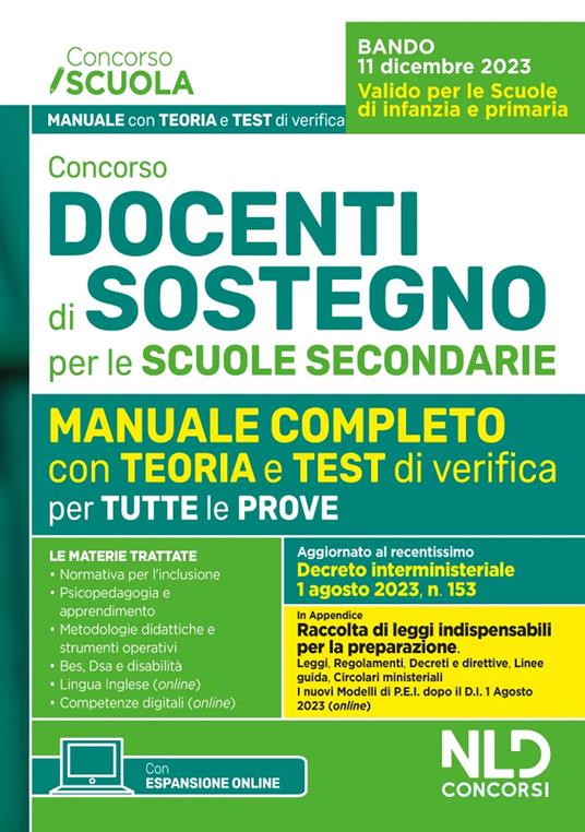 Concorso docenti di sostegno per le scuole secondarie. Manuale completo con test di verifica per tutte le prove con Focus su metodologia di progettazione del PEI aggiornato al D.I. 1 agosto 2023, n. 153 - copertina