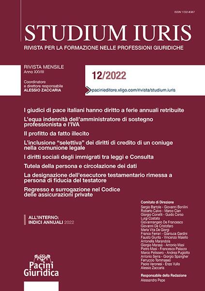 Studium iuris. Rivista per la formazione nelle professioni giuridiche (2022). Vol. 12 - copertina