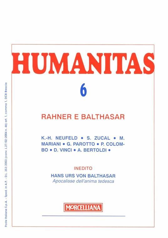 Humanitas (2005). Vol. 6: Rahner e Balthasar. - copertina