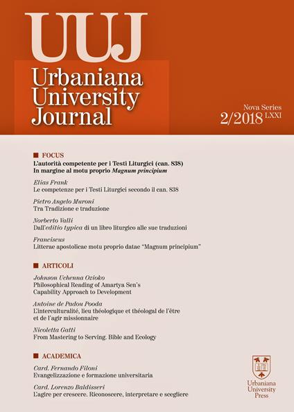 Urbaniana University Journal. Euntes Docete (2018). Vol. 02: autorità competente per i testi liturgici (can. 838). In margine al motu proprio Magnum principium, L'. - copertina