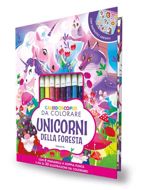 Caleidoscopio da colorare. Unicorni della foresta. Ediz. illustrata. Con 8  pennarelli. Con Adesivi - Libro - EL - Libri attivi