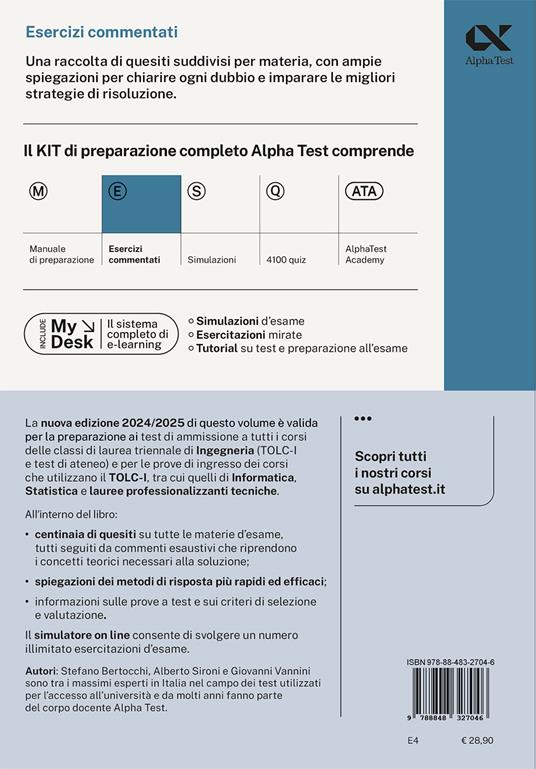 Alpha Test. Ingegneria. TOLC-I. Esercizi commentati. Con software di  simulazione