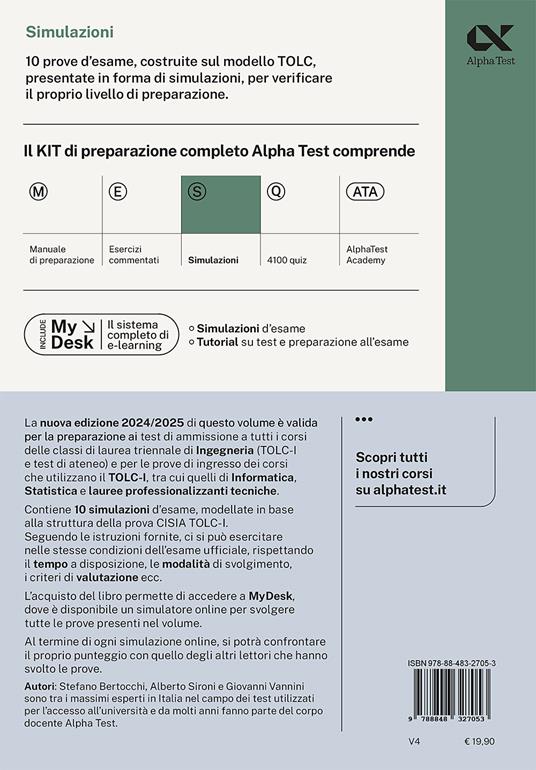 Alpha Test. Ingegneria. TOLC-I. Simulazioni - Stefano Bertocchi - Alberto  Sironi - - Libro - Alpha Test - TestUniversitari