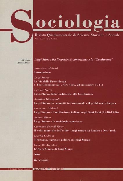 Sociologia. Rivista quadrimestrale di scienze storiche e sociali (2010). Vol. 2 - copertina