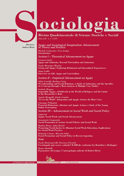 Sociologia. Rivista quadrimestrale di scienze storiche e sociali (2019). Vol. 1 - copertina
