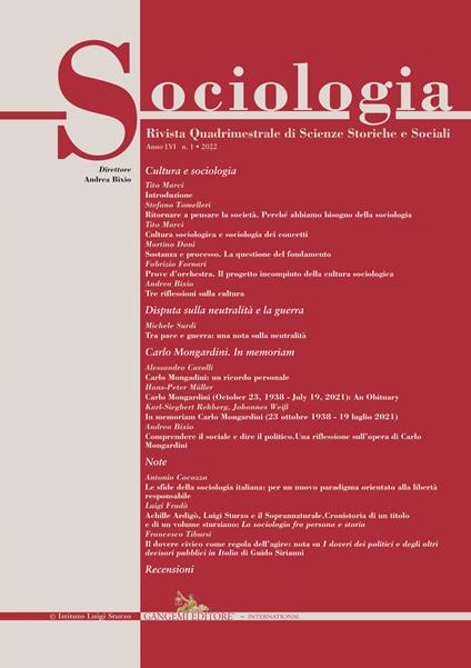 Sociologia. Rivista quadrimestrale di scienze storiche e sociali (2022). Vol. 1 - copertina