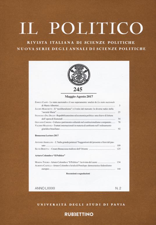 Il politico. Rivista italiana di scienze politiche (2017). Vol. 2: Maggio-agosto. - copertina