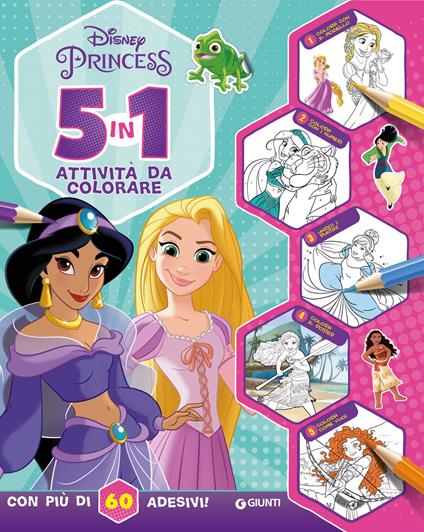 5 in 1 attività da colorare. Disney Princess. Con adesivi. Ediz. a colori - copertina