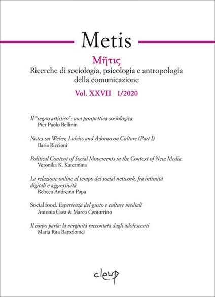 Metis. Ricerche di sociologia, psicologia e antropologia della comunicazione (2020). Vol. 27 - copertina