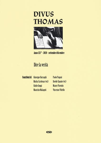 Divus Thomas (2020). Vol. 3: Dire la verità. - copertina