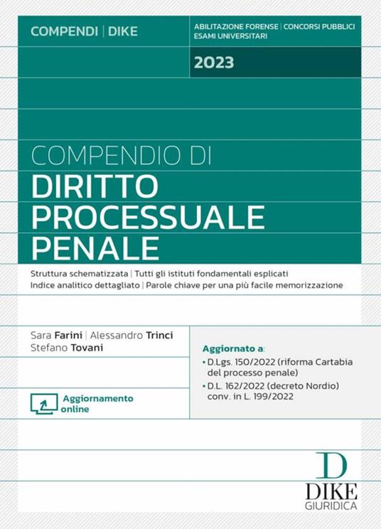 Compendio di diritto processuale penale. Con aggiornamento online - Sara Farini,Alessandro Trinci,Stefano Tovani - copertina