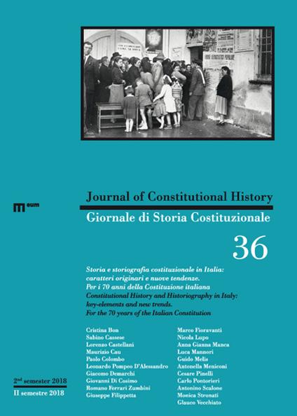 Giornale di storia Costituzionale-Journal of Constitutional history (2018). Ediz. multilingue. Vol. 36: Storia e storiografia costituzionale in Italia: caratteri originari e nuove tendenze. Per i 70 anni della Costituzione italiana. - copertina