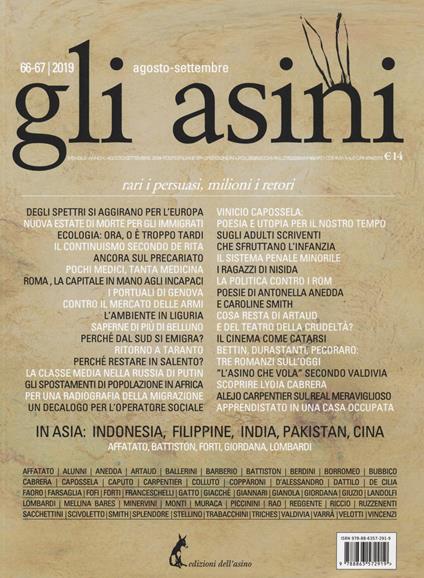 Gli asini. Rivista di educazione e intervento sociale (2019). Vol. 66-67: Agosto-settembre. Rari i persuasi, milioni i retori. - copertina