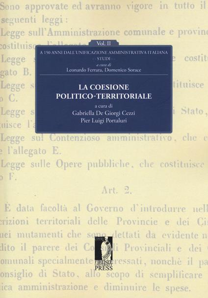 La coesione politico-territoriale. A 150 dall'unificazione amministrativa italiana - copertina