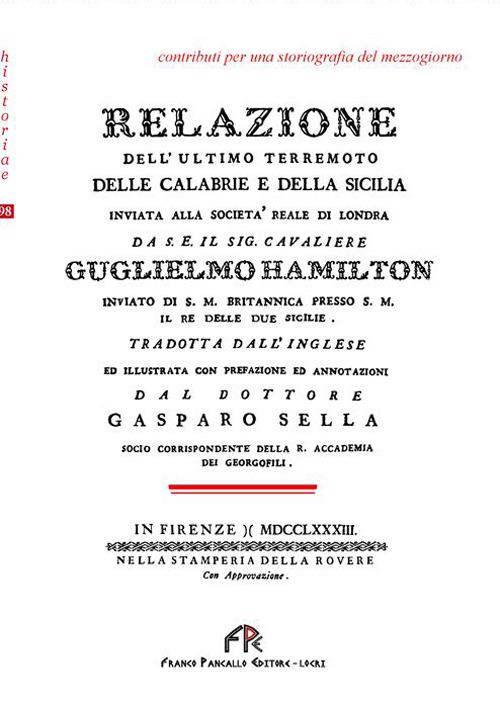 Relazione dell'ultimo terremoto delle Calabrie e della Sicilia - Guglielmo Hamilton - copertina