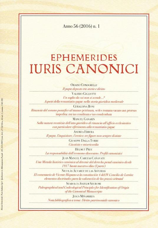 Ephemerides Iuris canonici (2016). Vol. 1 - copertina