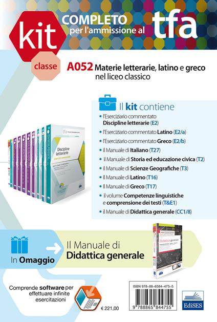 TFA. Classe A052 per prove scritte e orali. Manuale di teoria ed esercizi per le materie letterarie, latino e greco... Kit completo. Con software di simulazione - copertina