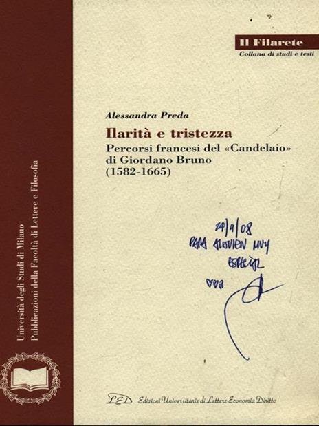 Ilarità e tristezza. Percorsi francesi del «Candelaio» di Giordano Bruno (1582-1665) - Alessandra Preda - copertina