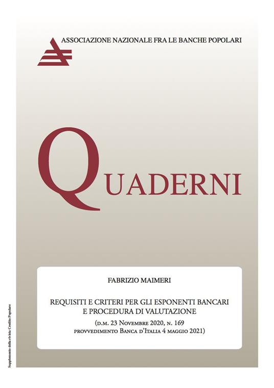 Requisiti e criteri per gli esponenti bancari e procedura di valutazione. D.M. 23 novembre 2020, n.169 - Fabrizio Maimeri - copertina