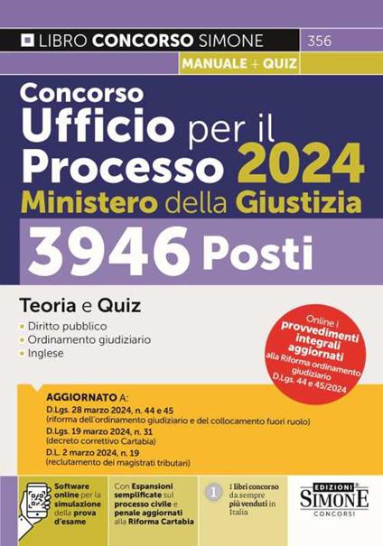 Concorso Ufficio per il Processo 2024 Ministero della Giustizia. 3946 posti. Teoria e quiz. Con espansione online. Con software di simulazione - copertina