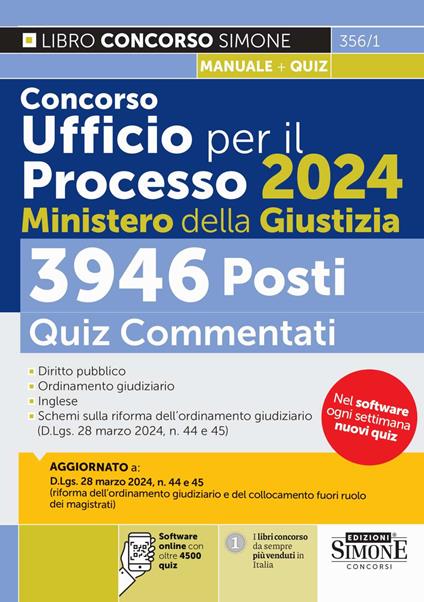 Concorso Ufficio per il Processo 2024 Ministero della Giustizia. 3946 posti. Quiz commentati. Con software di simulazione - copertina