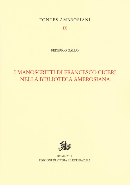 I manoscritti di Francesco Ciceri nella Biblioteca Ambrosiana - Federico Gallo - copertina