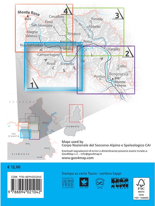 Carta escursionistica Valsesia quadrante Sud Ovest. Riva Valdobbia, Campertogno, Mollia, Rassa, Scopello. Ediz. italiana, inglese e tedesca. Vol. 1 - 2