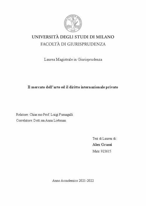 Il mercato dell’arte ed il diritto internazionale privato - Alex Grassi - copertina