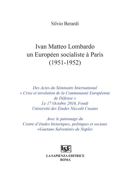 Ivan Matteo Lombardo un européen socialiste a Paris (1951-1952) - Silvio Berardi - copertina