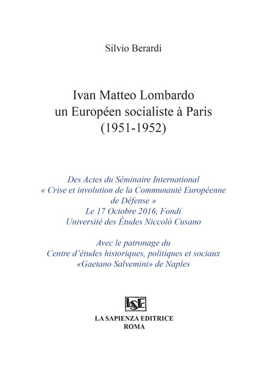 Ivan Matteo Lombardo un européen socialiste a Paris (1951-1952) - Silvio Berardi - copertina