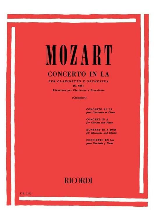  Concerto in La Kv 622. Mozart. Riduzione per Clarinetto e Pianoforte -  Wolfgang Amadeus Mozart - copertina