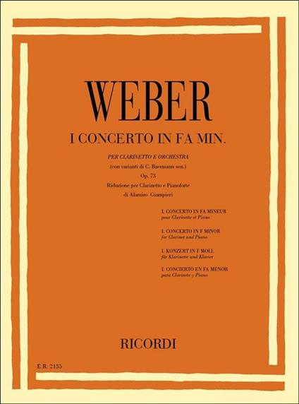  Concerto n. 1 in Fa min. Op. 73. Weber. Riduzione per Clarinetto e Pianoforte -  Carl Maria von Weber - copertina