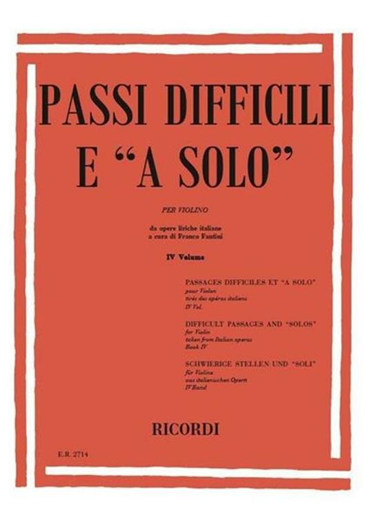  Passi Difficili e a Solo da Opere Liriche Italiane. vol 4. F Fantini. violino -  F. Fantini - copertina