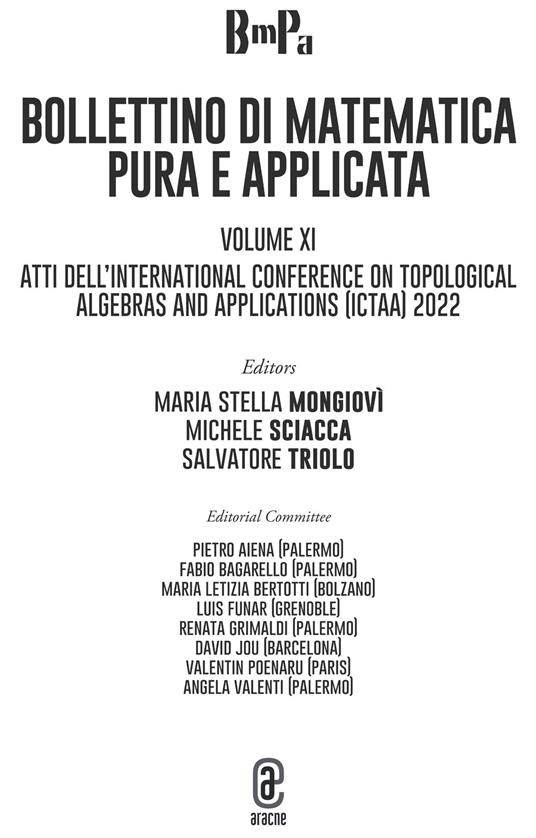 Bollettino di matematica pura e applicata. Vol. 11: Atti dell'International Conference on Topological Algebras and Their Applications (ICTAA) 2022 - copertina