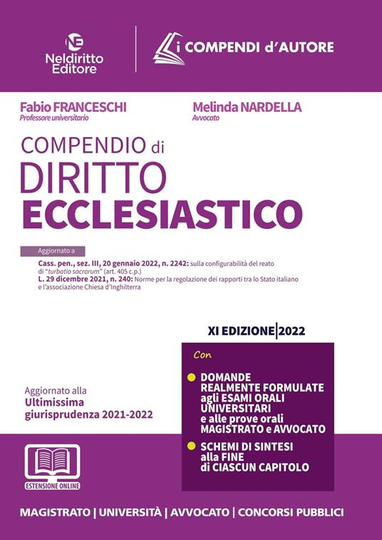 Compendio di diritto ecclesiastico - Fabio Franceschi,Melinda Nardella - copertina